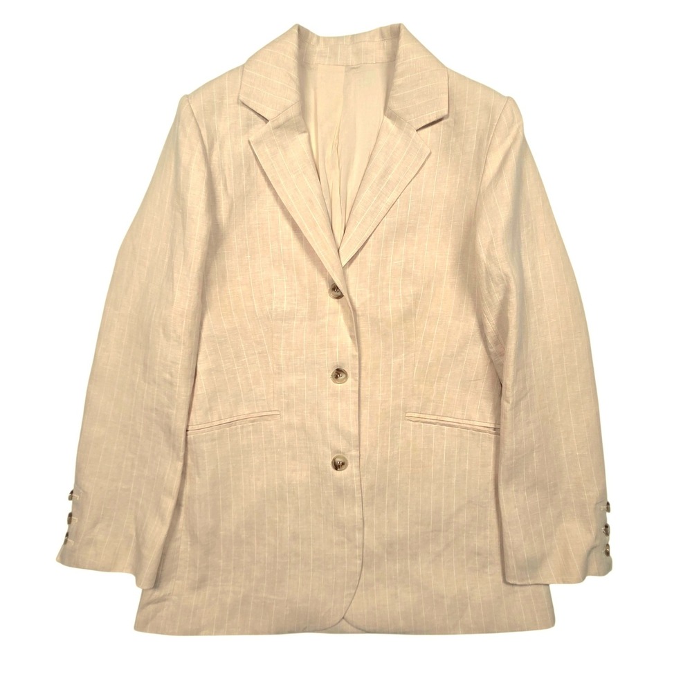 Posse Blazer Womens XS Beige Pinstripe 100% Linen Cotton Lined Tailored Jacket